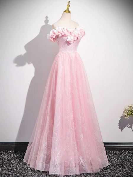 Off the Shoulder Pink Floral Long Prom Dresses, Pink Floral Long Formal Evening Dresses