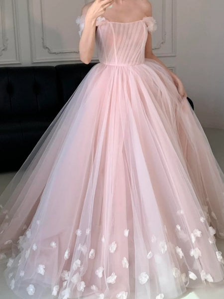 Off the Shoulder Pink Floral Long Prom Dresses, Pink Floral Long Formal Evening Dresses