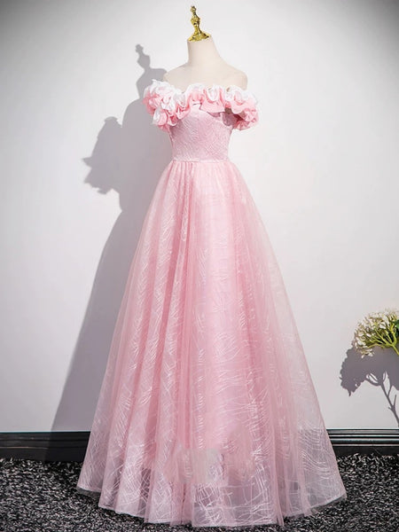 Off the Shoulder Pink Floral Long Prom Dresses, Pink Floral Long Formal Evening Dresses