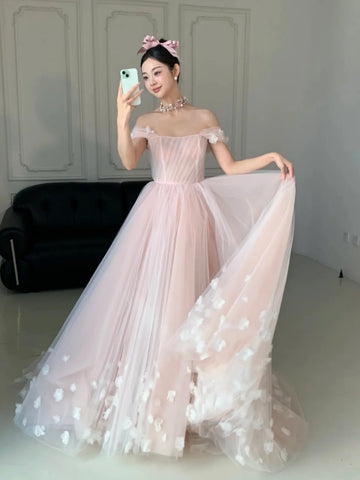 Off the Shoulder Pink Floral Long Prom Dresses, Pink Floral Long Formal Evening Dresses