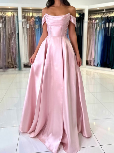 Off the Shoulder Pink Long Prom Dresses, Off Shoulder Pink Satin Long Formal Evening Dresses