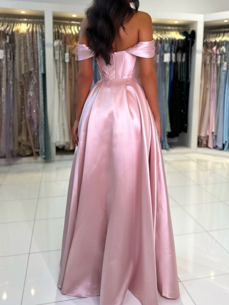 Off the Shoulder Pink Long Prom Dresses, Off Shoulder Pink Satin Long Formal Evening Dresses