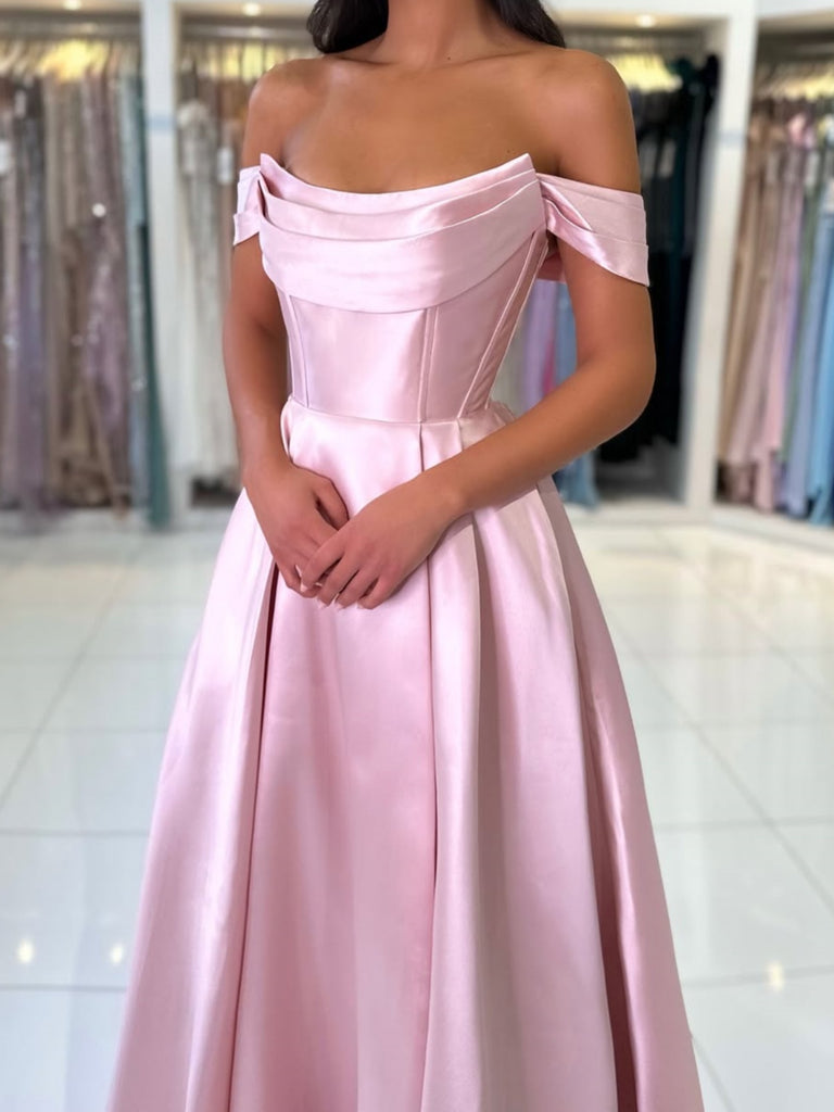 formal women's light pink off the shoulder dress Off the Shoulder Pink Long Prom Dresses, Off Shoulder Pink Satin Long – jbydress