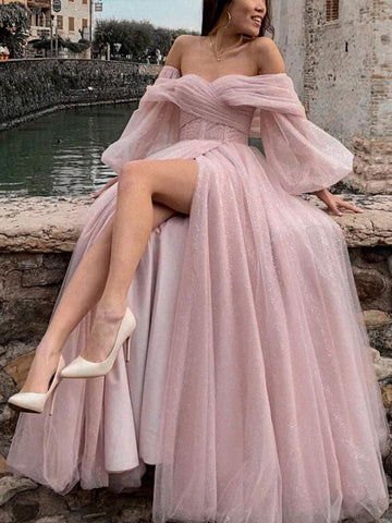 Off the Shoulder Pink Long Prom Dresses, Pink Long Tulle Formal Evening Dresses