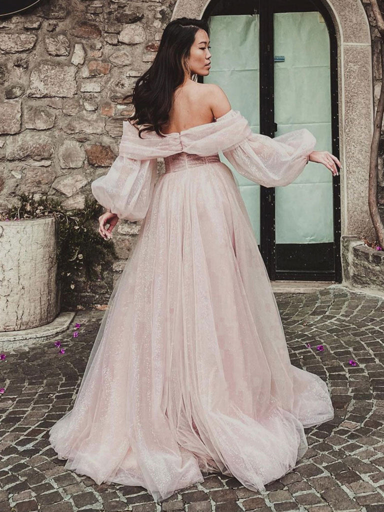 Off the Shoulder Pink Long Prom Dresses, Pink Long Tulle Formal Evenin jbydress Off the Shoulder Pink Long Prom Dresses, Pink Long Tulle Formal Evenin jbydress