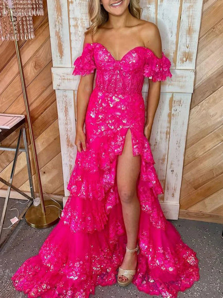 Off the Shoulder Pink Mermaid Long Lace Prom Dresses, Pink Mermaid Lace Formal Evening Dresses