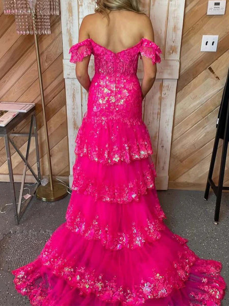Off the Shoulder Pink Mermaid Long Lace Prom Dresses, Pink Mermaid Lace Formal Evening Dresses