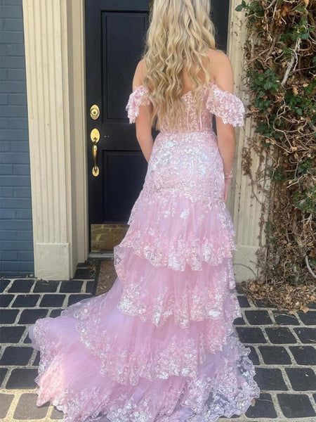 Off the Shoulder Pink Mermaid Long Lace Prom Dresses, Pink Mermaid Lace Formal Evening Dresses