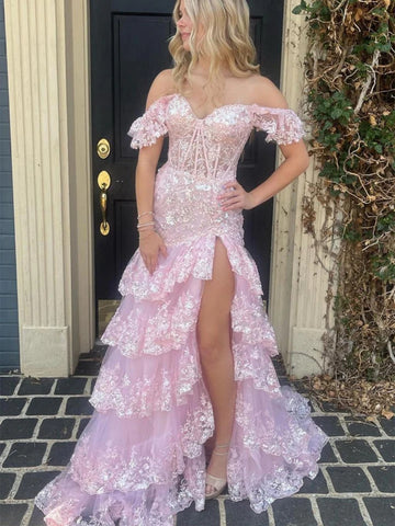 Off the Shoulder Pink Mermaid Long Lace Prom Dresses, Pink Mermaid Lace Formal Evening Dresses