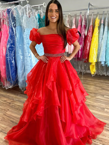 Off the Shoulder Pink Red Organza Prom Dresses, Pink Red Organza Formal Evening Dresses