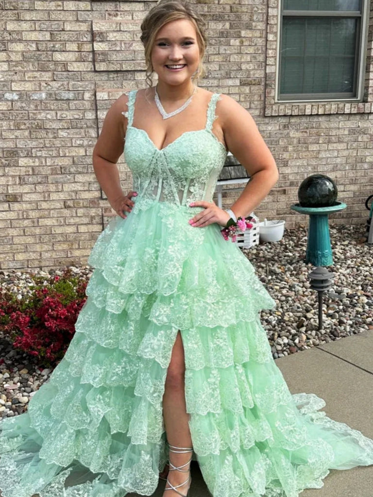 Off the Shoulder Pink Sage White Lace Layered Long Prom Dresses, Lace Layered Long Formal Dresses