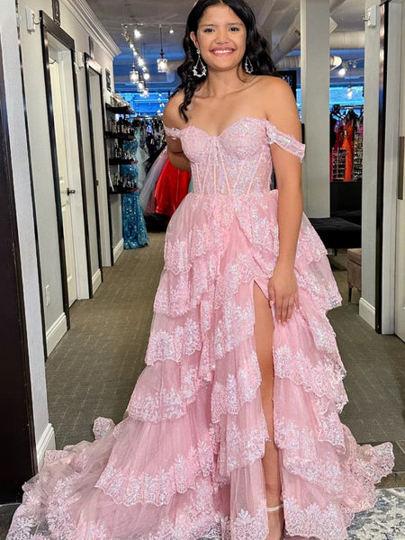 Off the Shoulder Pink Sage White Lace Layered Long Prom Dresses, Lace Layered Long Formal Dresses