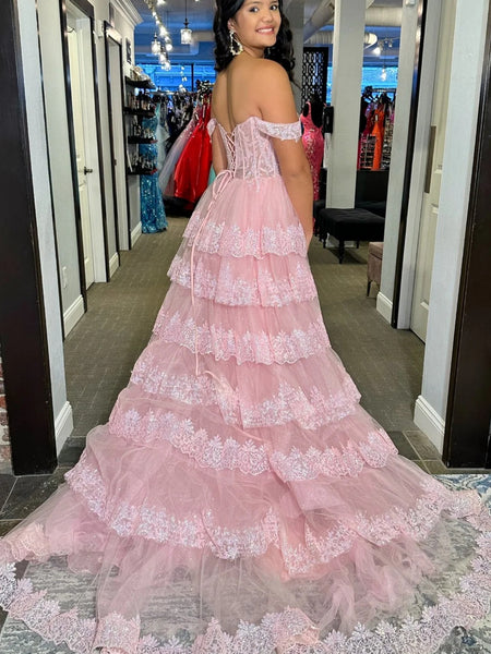 Off the Shoulder Pink Sage White Lace Layered Long Prom Dresses, Lace Layered Long Formal Dresses