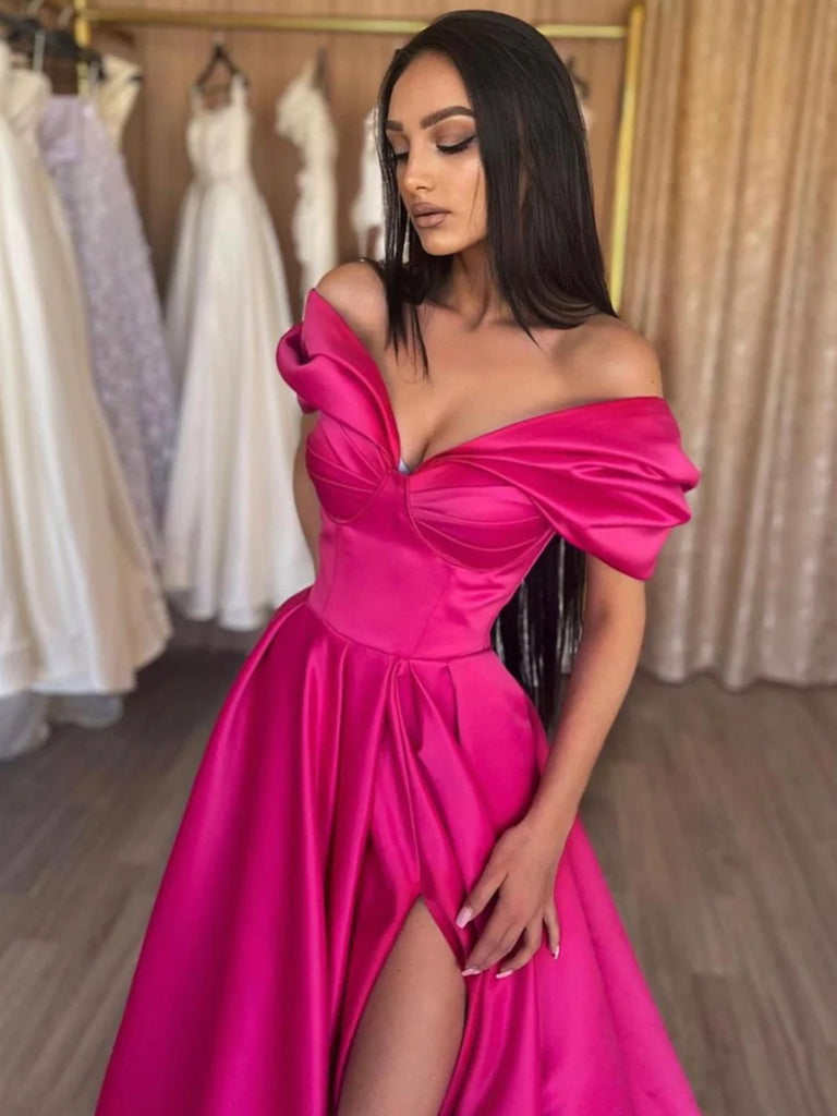 Off the Shoulder Pink Satin Long Prom Dresses, Off Shoulder Pink Satin