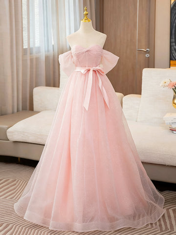 Off the Shoulder Pink Tulle Long Prom Dresses, Pink Tulle Long Formal Dresses