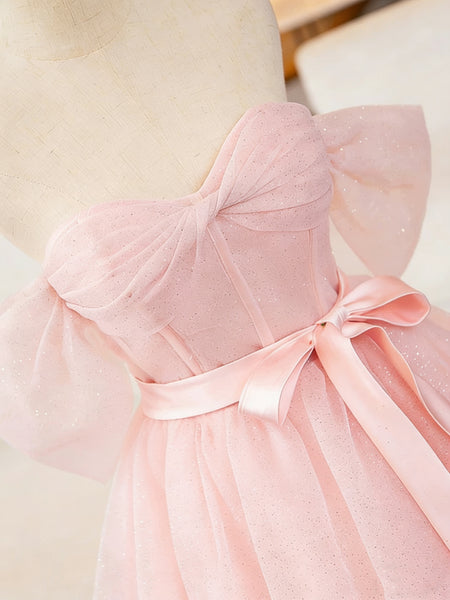 Off the Shoulder Pink Tulle Long Prom Dresses, Pink Tulle Long Formal Dresses