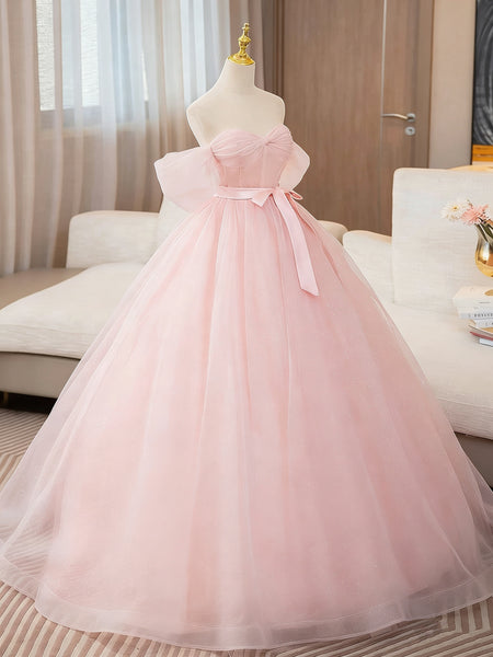 Off the Shoulder Pink Tulle Long Prom Dresses, Pink Tulle Long Formal Dresses