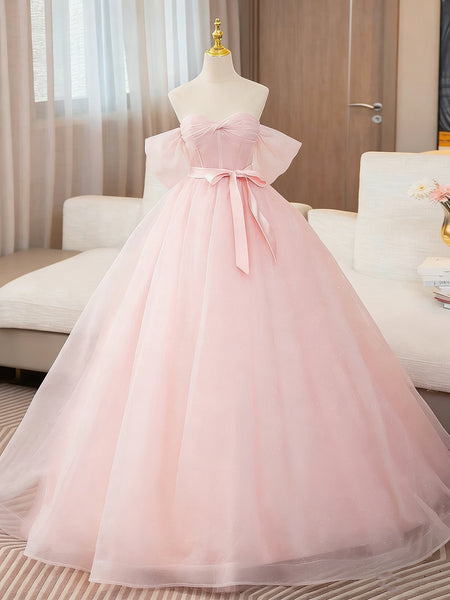 Off the Shoulder Pink Tulle Long Prom Dresses, Pink Tulle Long Formal Dresses