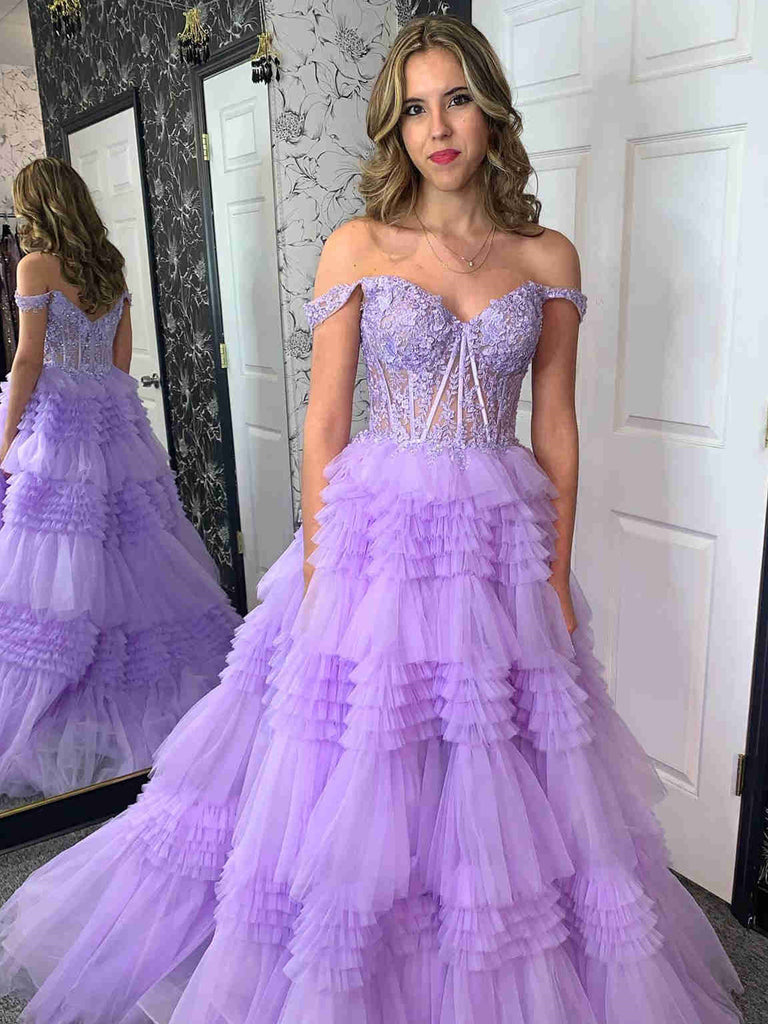 Off the Shoulder Purple Blue Layered Lace Prom Dresses, Off Shoulder P jbydress Off the Shoulder Purple Blue Layered Lace Prom Dresses, Off Shoulder P jbydress