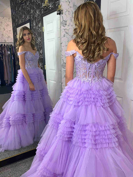 Off the Shoulder Purple Blue Layered Lace Prom Dresses, Off Shoulder Purple Blue Layered Lace Formal Evening Dresses