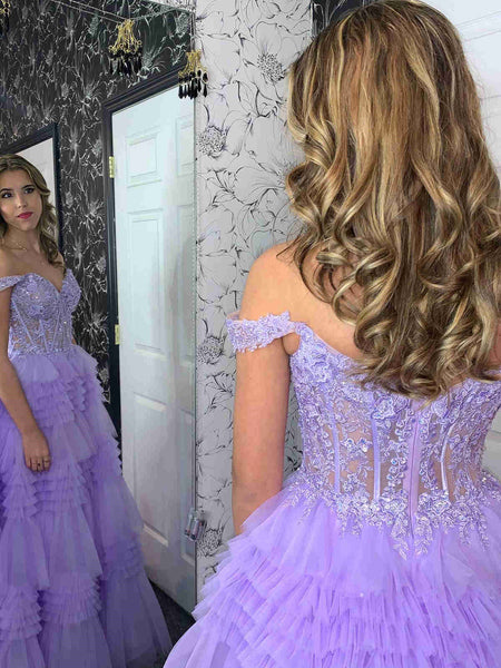 Off the Shoulder Purple Blue Layered Lace Prom Dresses, Off Shoulder Purple Blue Layered Lace Formal Evening Dresses