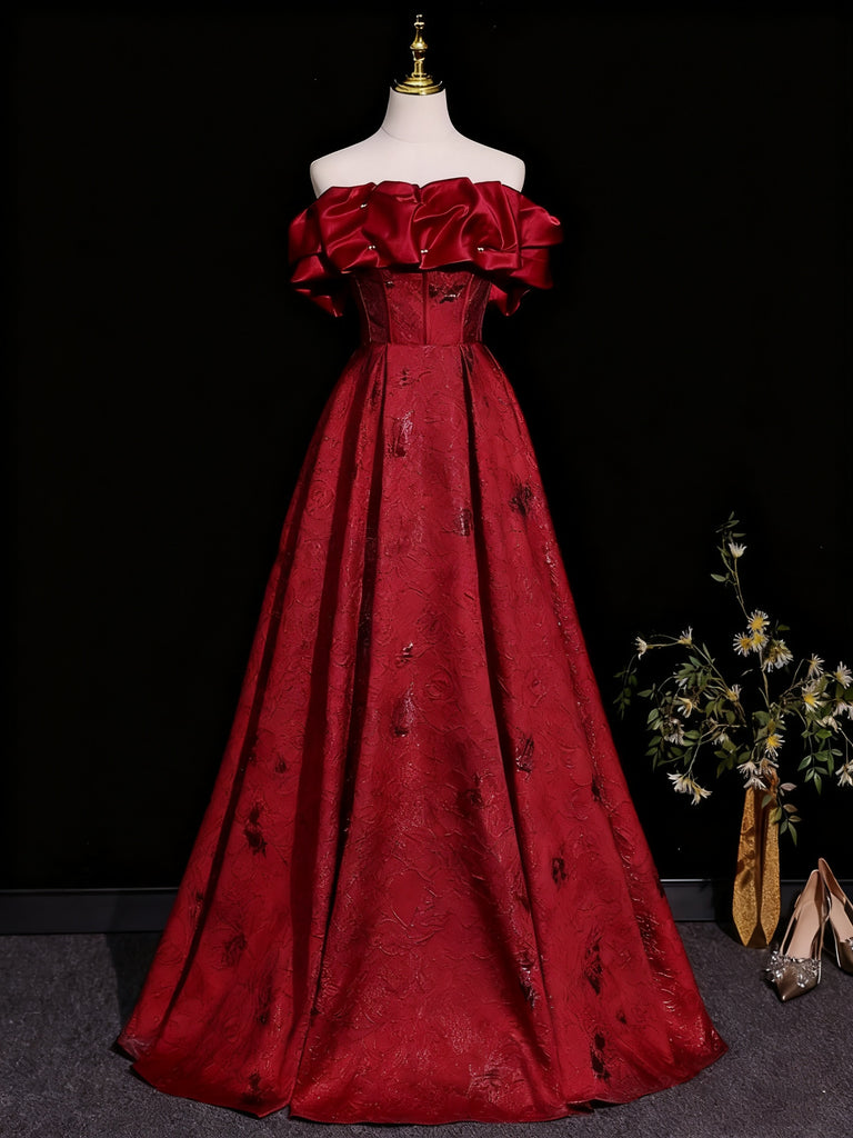 Off the Shoulder Red Beaded Satin Long Prom Dresses, Off Shoulder Red Long Formal Dresses