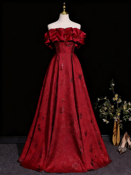 Off the Shoulder Red Beaded Satin Long Prom Dresses, Off Shoulder Red Long Formal Dresses