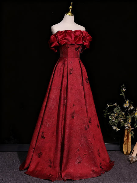 Off the Shoulder Red Beaded Satin Long Prom Dresses, Off Shoulder Red Long Formal Dresses