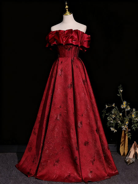 Off the Shoulder Red Beaded Satin Long Prom Dresses, Off Shoulder Red Long Formal Dresses