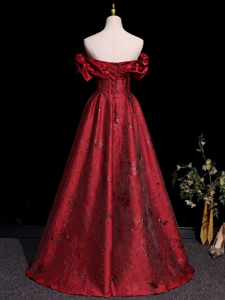Off the Shoulder Red Beaded Satin Long Prom Dresses, Off Shoulder Red Long Formal Dresses