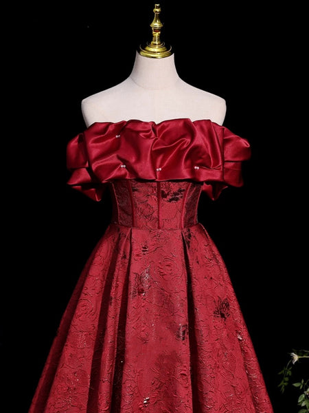 Off the Shoulder Red Beaded Satin Long Prom Dresses, Off Shoulder Red Long Formal Dresses