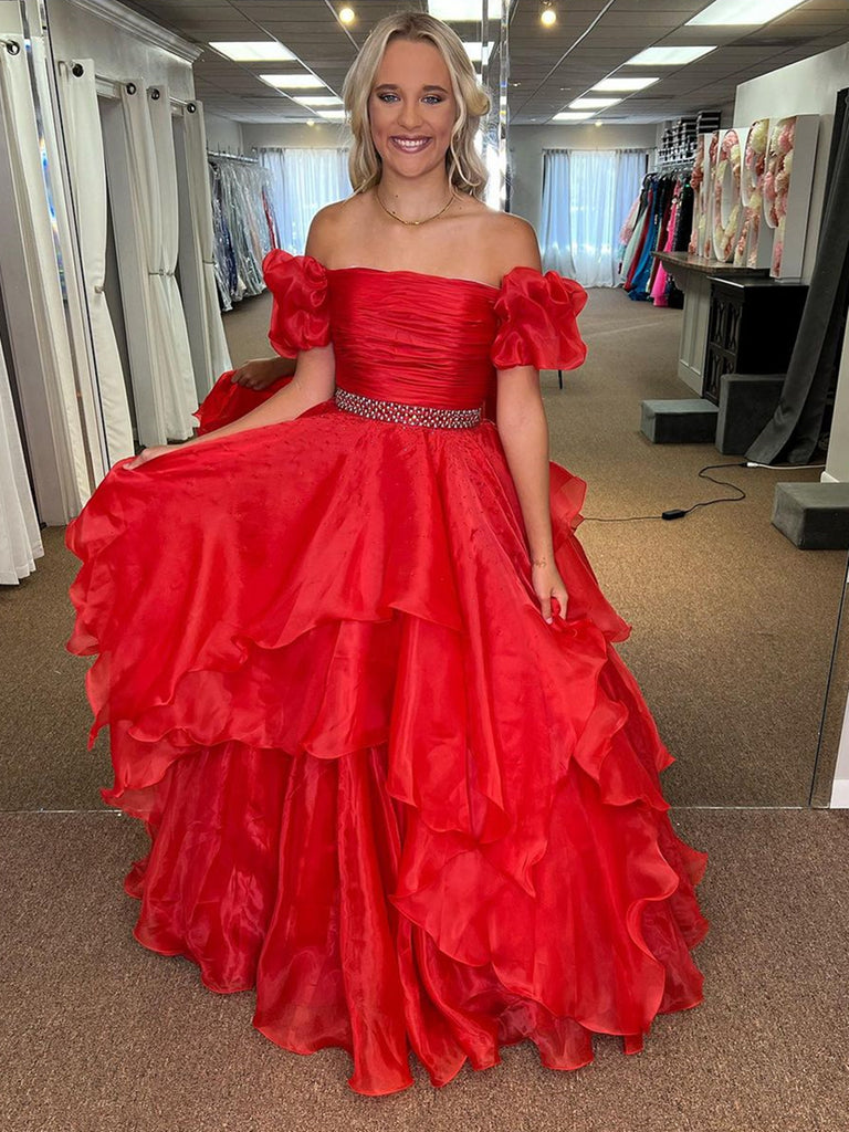 Off the Shoulder Red Long Tulle Prom Dresses, Red Off Shoulder Long Formal Evening Dresses