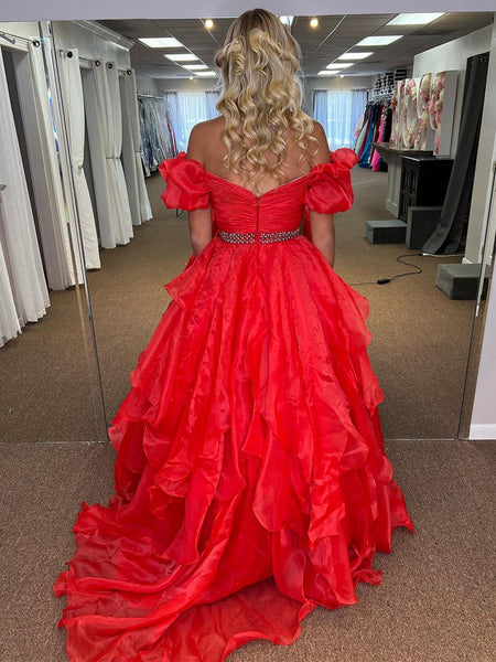 Off the Shoulder Red Long Tulle Prom Dresses, Red Off Shoulder Long Formal Evening Dresses