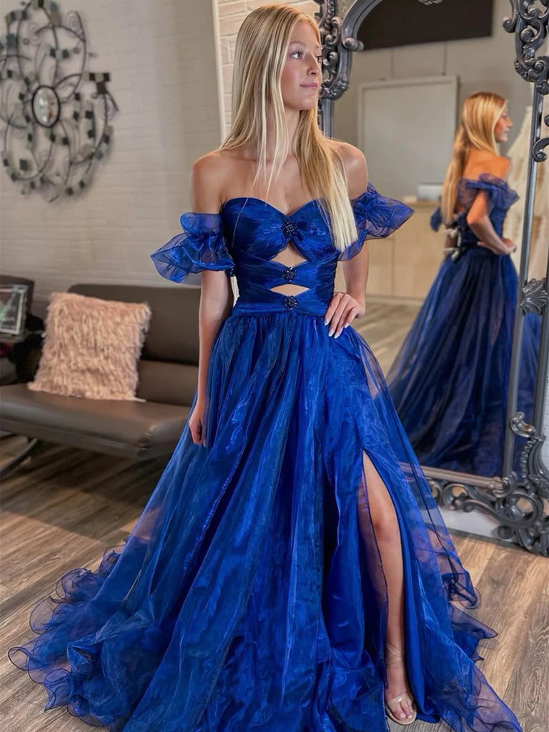 Off the Shoulder Royal Blue Long Organza Prom Dresses, Royal Blue Off Shoulder Long Formal Evening Dresses