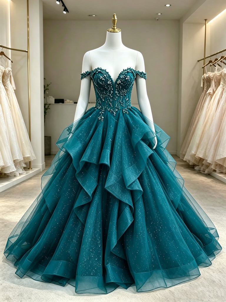 Off the Shoulder Ruffled Glitter Tulle Prom Dress, Sparkly Beaded V Neck Formal Evening Dress, Wedding Quinceanera Dress for Women