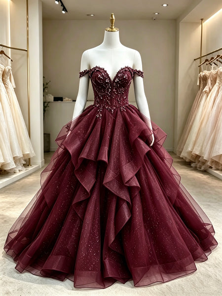 Off the Shoulder Ruffled Glitter Tulle Prom Dress, Sparkly Beaded V Neck Formal Evening Dress, Wedding Quinceanera Dress for Women