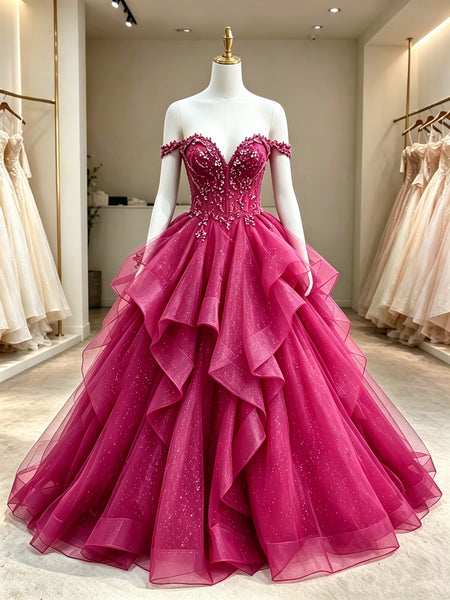 Off the Shoulder Ruffled Glitter Tulle Prom Dress, Sparkly Beaded V Neck Formal Evening Dress, Wedding Quinceanera Dress for Women