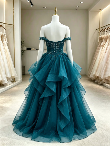 Off the Shoulder Ruffled Glitter Tulle Prom Dress, Sparkly Beaded V Neck Formal Evening Dress, Wedding Quinceanera Dress for Women