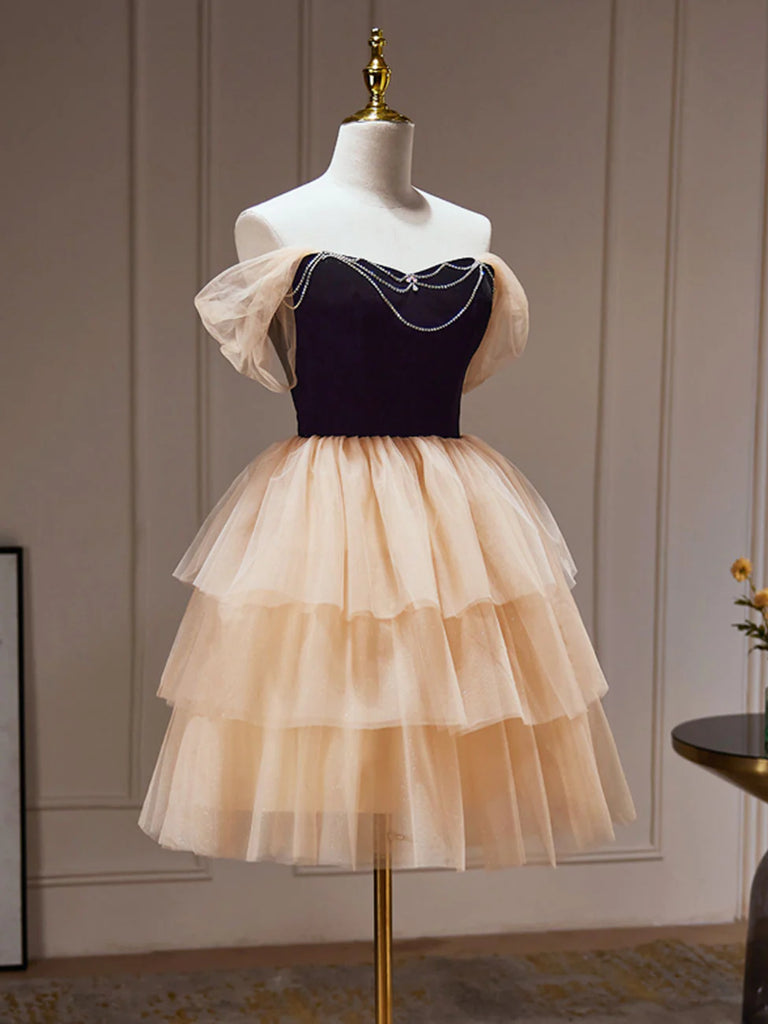 Off the Shoulder Short Black Champagne Prom Dresses, Short Black Champagne Graduation Homecoming Dresses