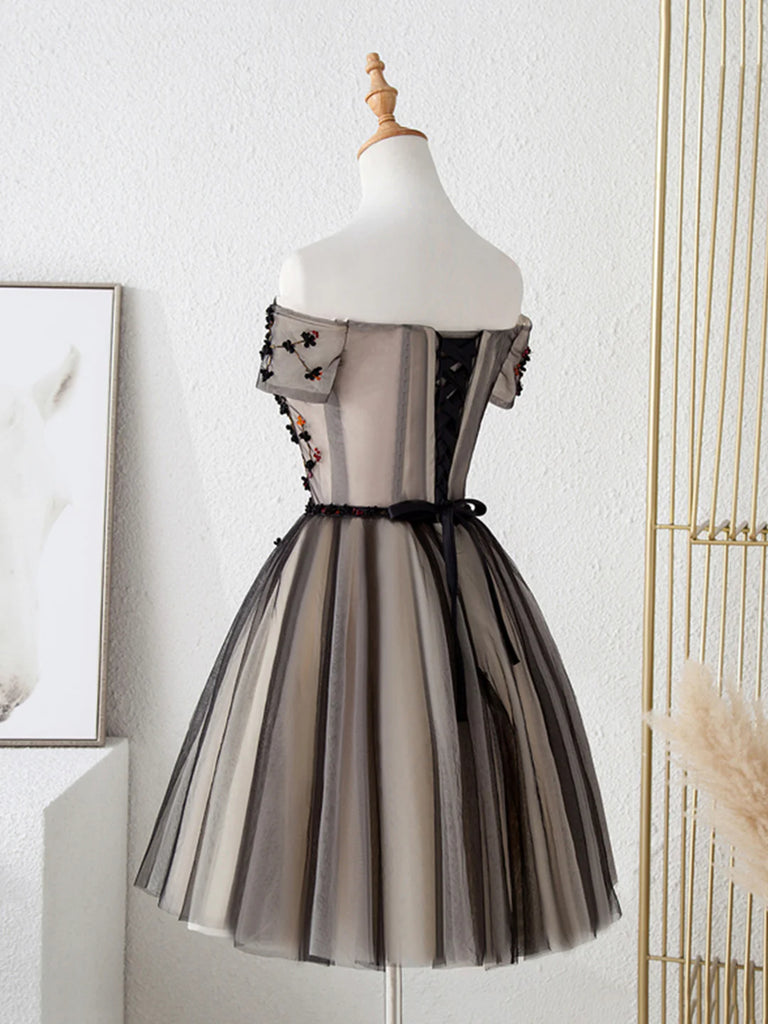 black and white flower prom dresses Black and White Floral Prom Dresses with Puffed Sleeve, Belt, Velvet Bodice, Quinceanera Dresses BG050 Black / US12