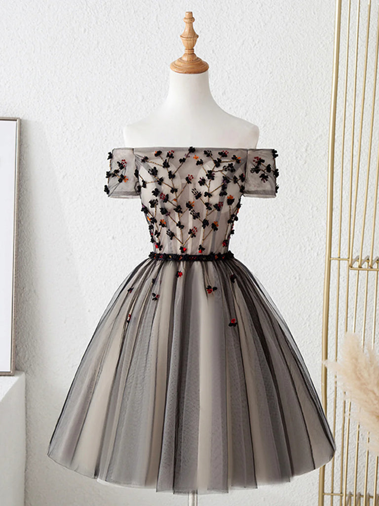 Off the Shoulder Short Black Floral Prom Dresses, Short Black Floral G jbydress Off the Shoulder Short Black Floral Prom Dresses, Short Black Floral G jbydress