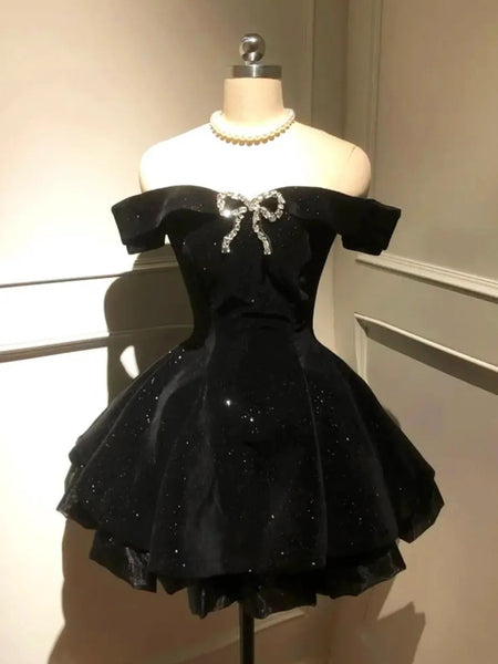 Off the Shoulder Short Black Prom Dresses, Short Black Formal Homecoming Dresses