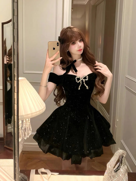 Off the Shoulder Short Black Prom Dresses, Short Black Formal Homecoming Dresses