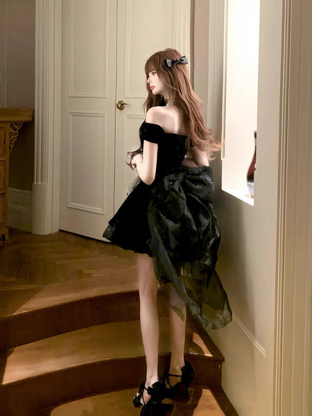 Off the Shoulder Short Black Prom Dresses, Short Black Formal Homecoming Dresses