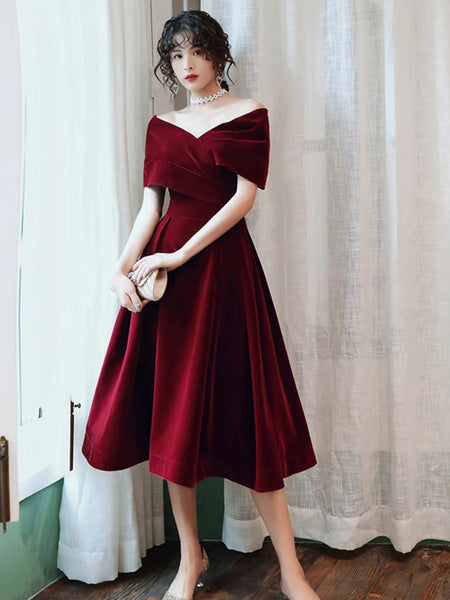 Off the Shoulder Short Burgundy Velvet Prom Dresses, Wine Red Short Graduation Formal Dresses