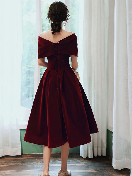 Off the Shoulder Short Burgundy Velvet Prom Dresses, Wine Red Short Graduation Formal Dresses