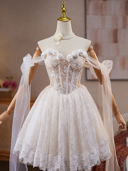 Off the Shoulder Short Champagne Lace Prom Dresses with Beading, Beaded Short Lace Formal Homecoming Dresses