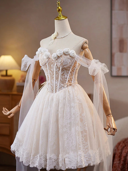 Off the Shoulder Short Champagne Lace Prom Dresses with Beading, Beaded Short Lace Formal Homecoming Dresses