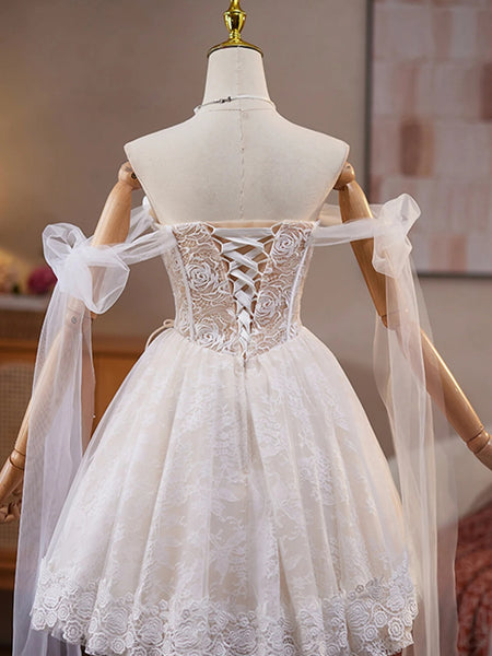 Off the Shoulder Short Champagne Lace Prom Dresses with Beading, Beaded Short Lace Formal Homecoming Dresses