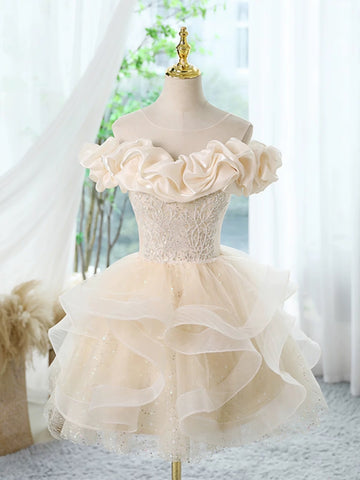 Off the Shoulder Short Champagne Prom Dresses, Short Champagne Beaded Formal Homecoming Dresses
